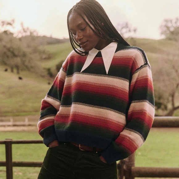 THE GREAT. Striped Crew Neck Sweater in Navy Red Green Cream - Picture 2 of 10